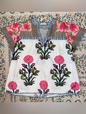 CHERYBETTY Mixed Print Floral Striped Tunic Blouse Size Large